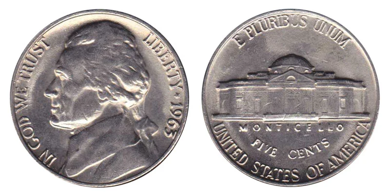 1963 Jefferson Nickel obverse showing Thomas Jefferson portrait and reverse showing Monticello
