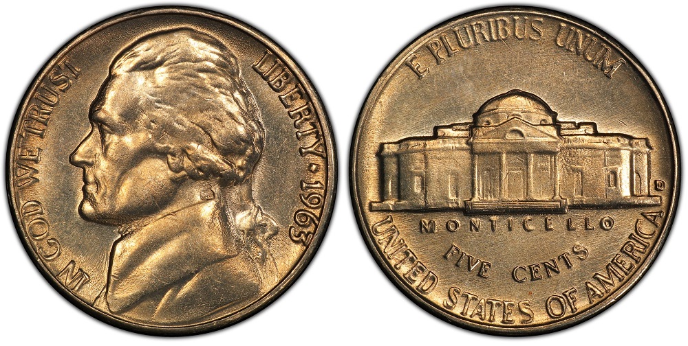 Side-by-side comparison of 1963 nickel without Full Steps (merged steps, left) versus Full Steps designation (clearly separated step lines, right)