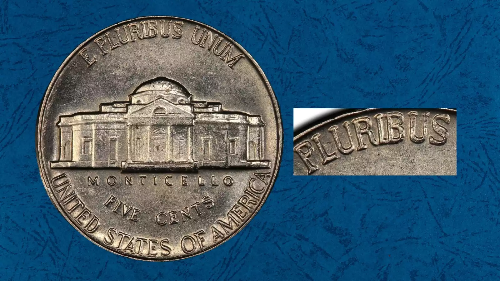 1963 Proof Jefferson Nickel Tripled Die Reverse FS-801 showing thickened tripled lettering on E PLURIBUS UNUM under magnification