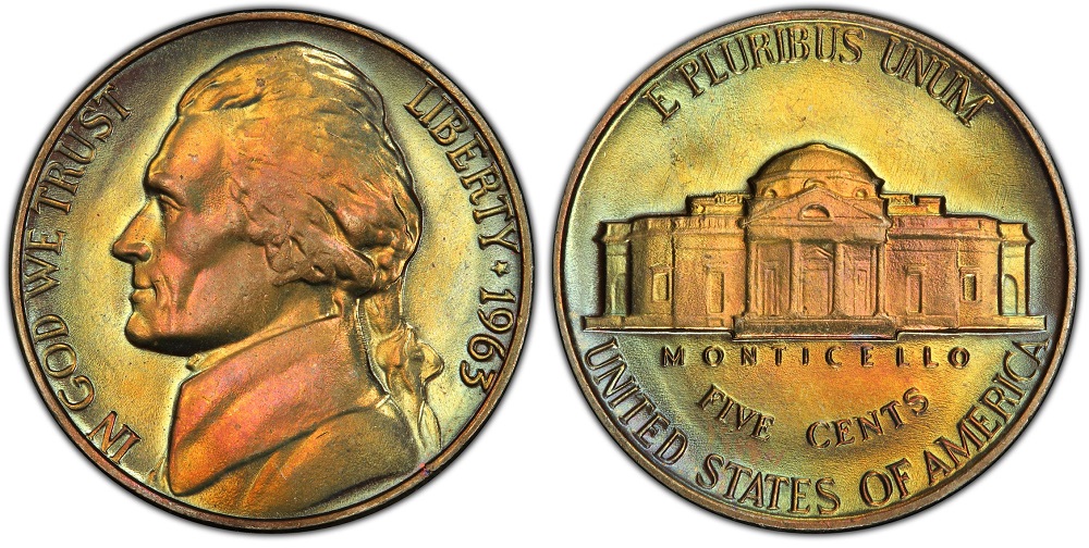 1963 Jefferson Nickel grading strip showing four condition tiers: worn Good, Fine-VF circulated, Uncirculated MS63, and Gem MS65 side by side